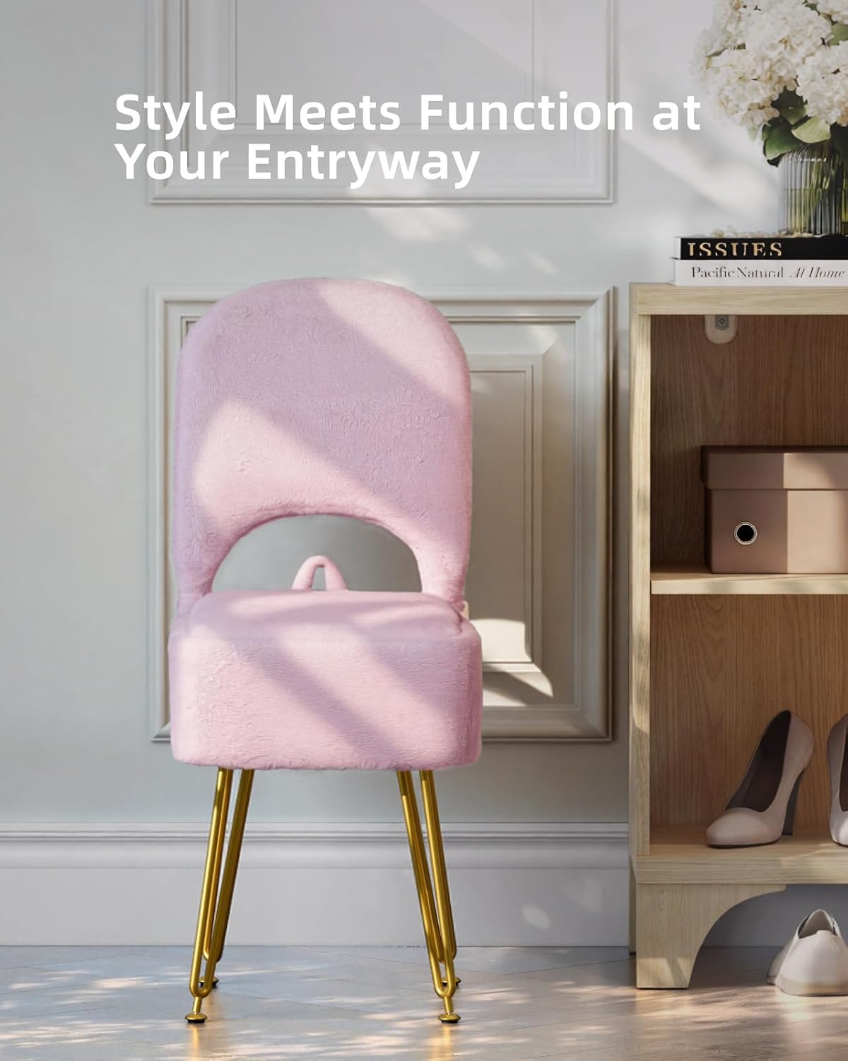 Pink Vanity Chair with Storage and Back for Teens - Faux Fur Makeup Vanity Stool, Foldable Ottoman Seat with Anti-Slip Metal Legs for Girls Bedroom, Dorm, Entryway, Living Room