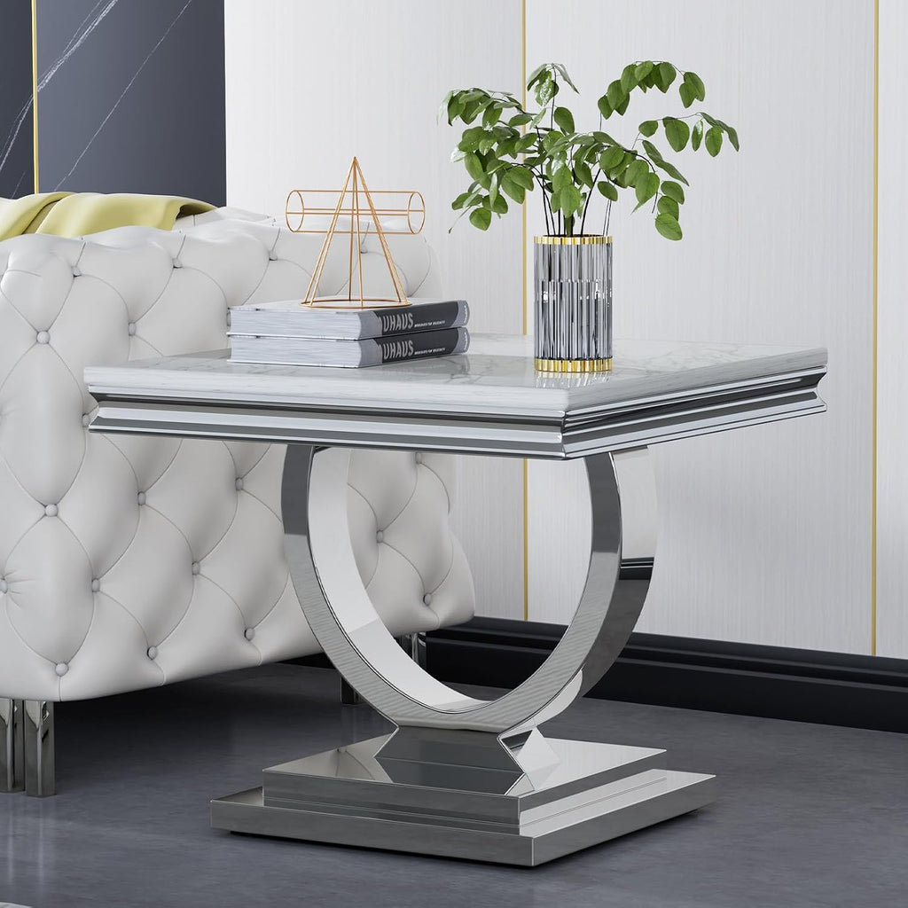 White Faux Marble End Table,Modern Sofa Side Tables with Silver Mirrored Stainless Steel Base and Faux Marble Tabletop for Home Office Living Room (White Silver End Table)