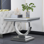 White Faux Marble End Table,Modern Sofa Side Tables with Silver Mirrored Stainless Steel Base and Faux Marble Tabletop for Home Office Living Room (White Silver End Table)