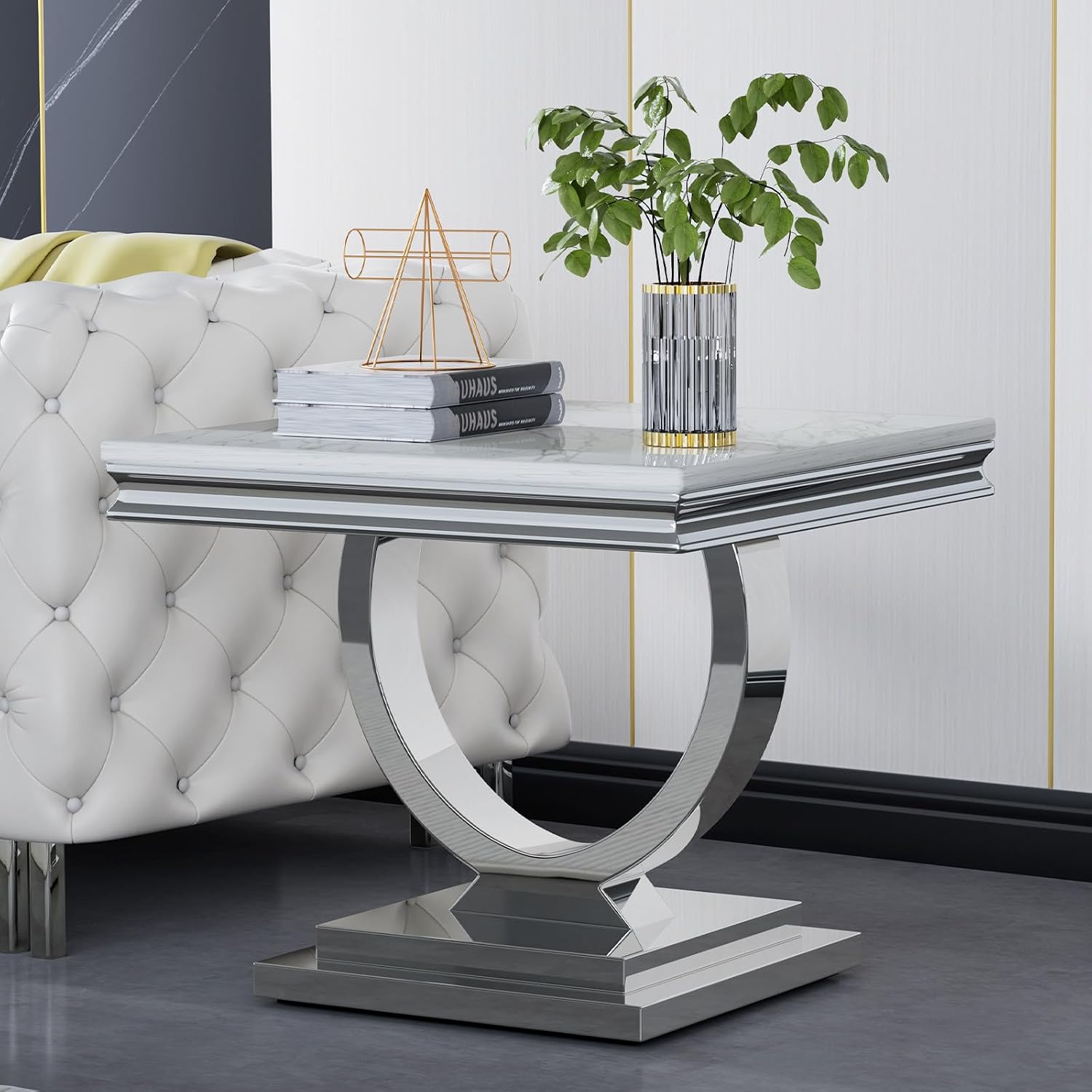 White Faux Marble End Table,Modern Sofa Side Tables with Silver Mirrored Stainless Steel Base and Faux Marble Tabletop for Home Office Living Room (White Silver End Table)
