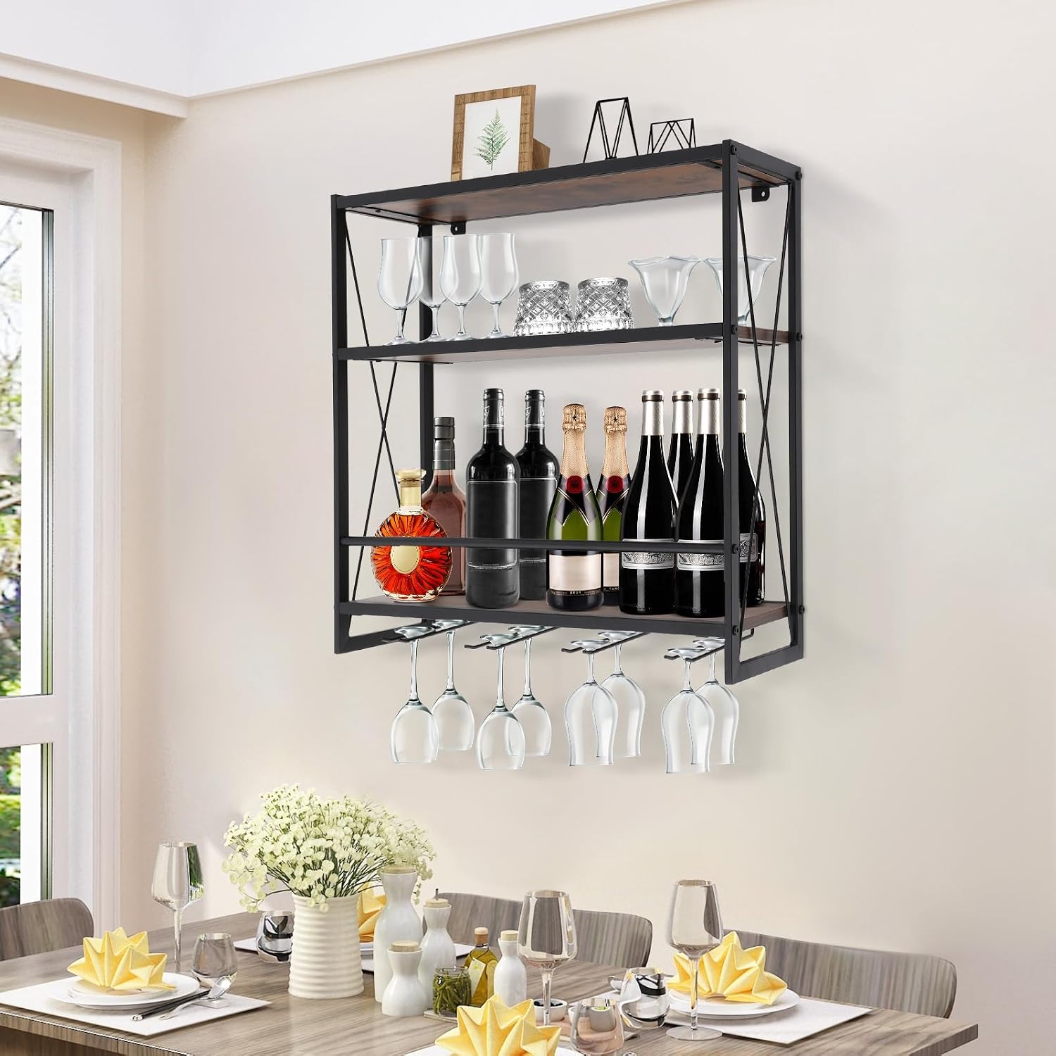 Gdrasuya10 Wall Mounted Wine Rack with Glass Holder Storage, Wine Bottle Display Wine Rack Shelf Stemware Rack Metal Wine Storage Rack Hanging Wine Shelf for Home Decor