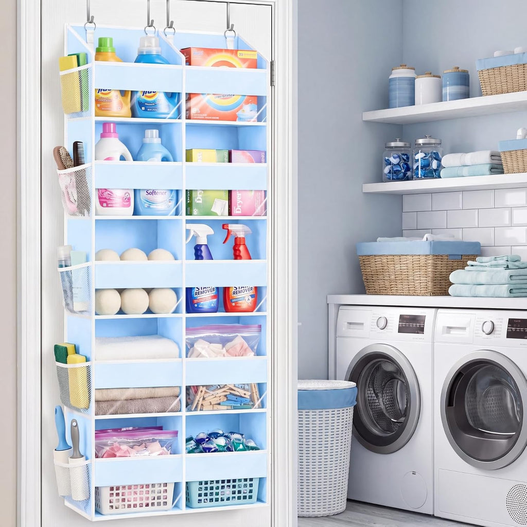 Blue Over the Door Organizer 5 Tiers, Extra Large Behind Door Storage of 10 Compartments, 80 lbs Weight Capacity Hanging Storage Organizer with Clear Window Kids Toys, Shoes, Diapers, Room storage