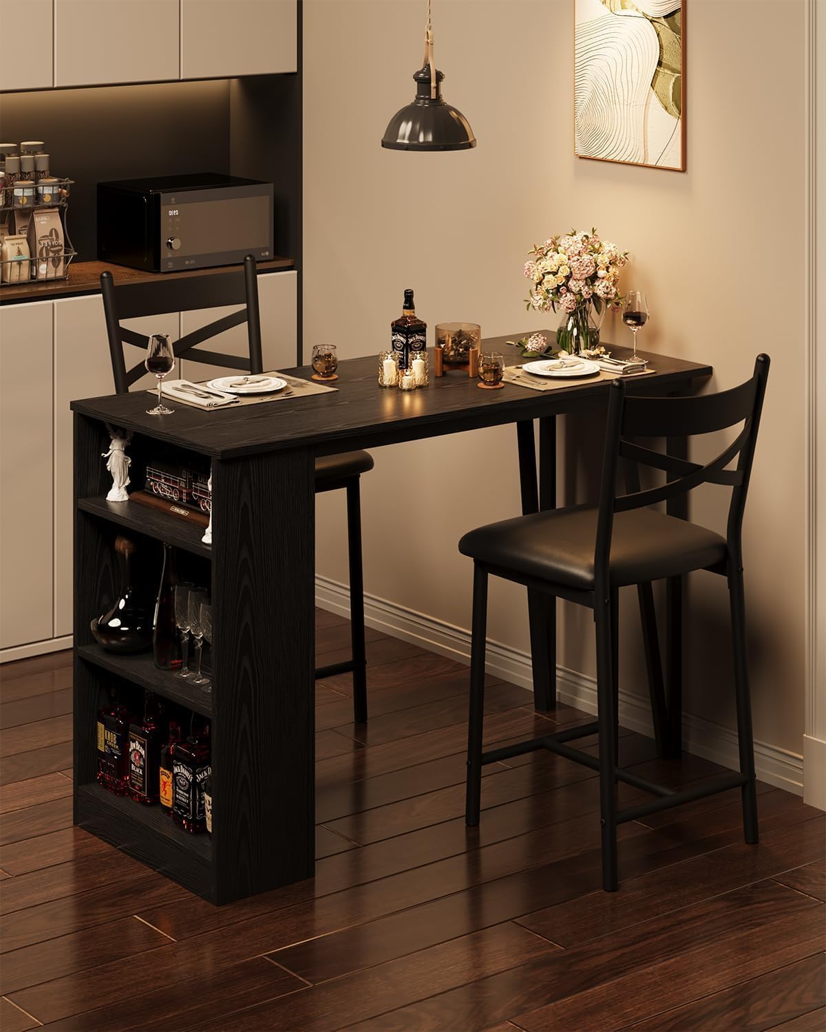 GAOMON 3 Piece Bar Table Set for 2, Bar Table and Chairs Set with with Flip Top Extension, Dining Table Set with Storage Shelves, Suitable for Small Space Kitchen Apartment, Black