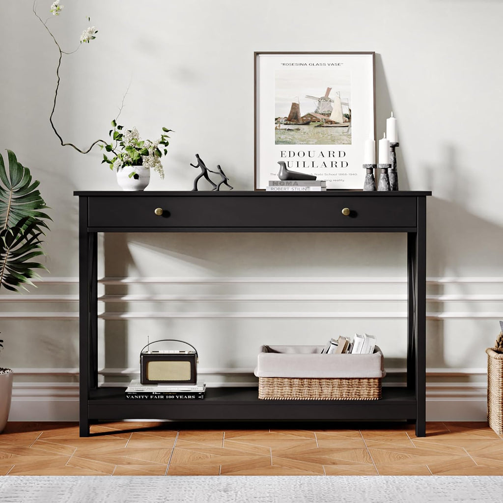 Treocho Black Console Table with Drawer and Storage Shelves, Foyer Sofa Table Narrow for Entryway, Living Room, Hallway | Entryway, Living Room, Hallway, Antique, Black