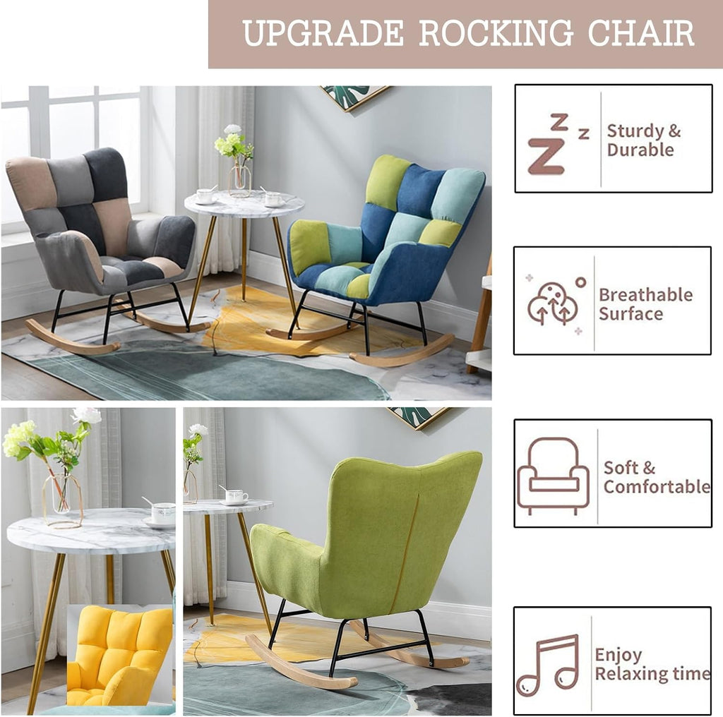 Modern Indoor Bedroom Rocking Chair with Cushion, Indoor Bedroom Upholstered Rocking Chair, Sofa Chair, Modern Lounge Chair for Balcony, for Balcony Living Room Bedroom,Emerging Green