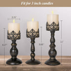 BANOMII Distressed Black Candle Holders for Pillar Candles Set of 3, Vintage Crown Candle Stands for Table Centerpiece Decor, Tall Antique Metal Candle Holder Set for Fireplace Decoration, Ideal Gift