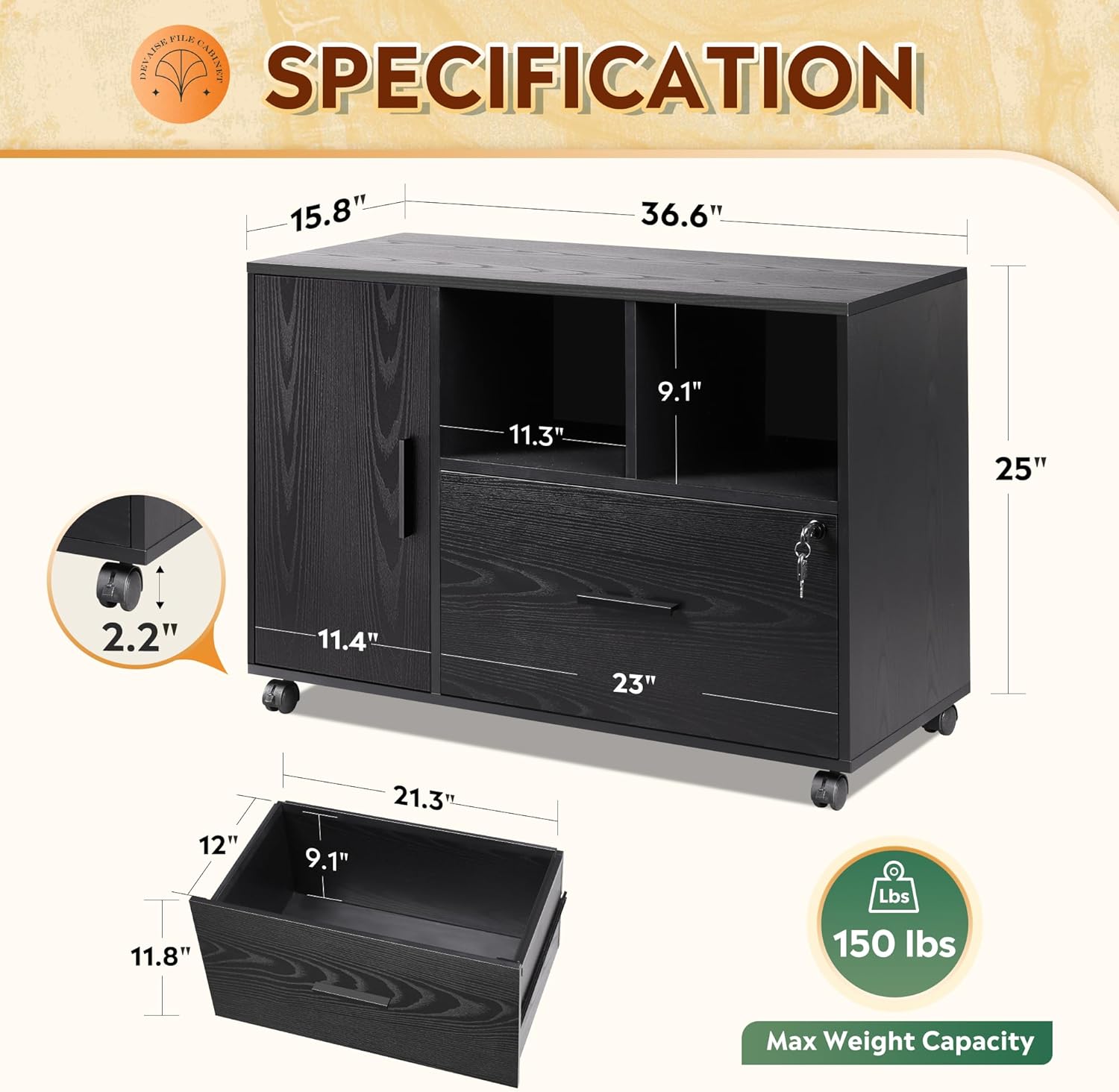 DEVAISE Office File Cabinet with Lock, 1-Drawer Wood Lateral Filing Cabinet on Wheels, Printer Stand with Open Storage Shelves for Home Office, Black