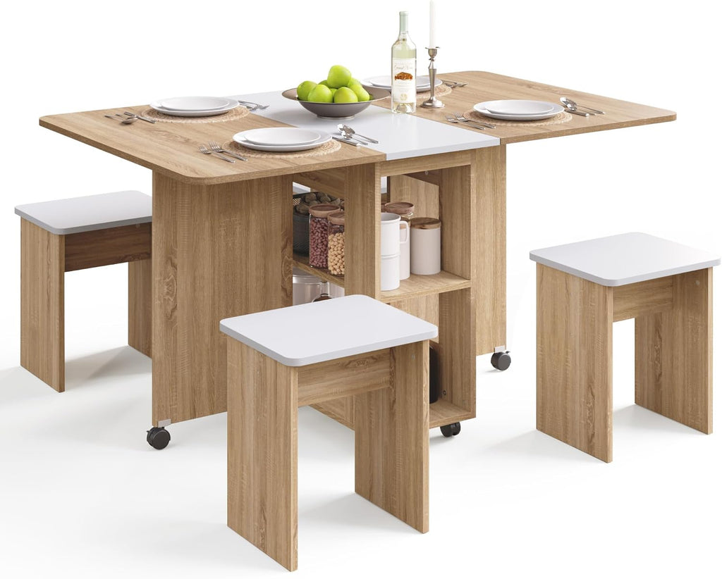 Mondeer Folding Dining Table with 4 Chairs for Small Spaces, Natural Wood | Drop Leaf Table and Chairs for Small Spaces, Folding Dining with Storage Shelf and Wheels for Kitchen Dining Room