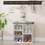 Shoe Bench with Padded Seat, 20'' Shoe Storage Bench with Adjustable Shelves & Side Pockets, 5 Cubes Storage Organizer for Entryway, Porch, Mudroom, Hallway(20''x12''x21''), White