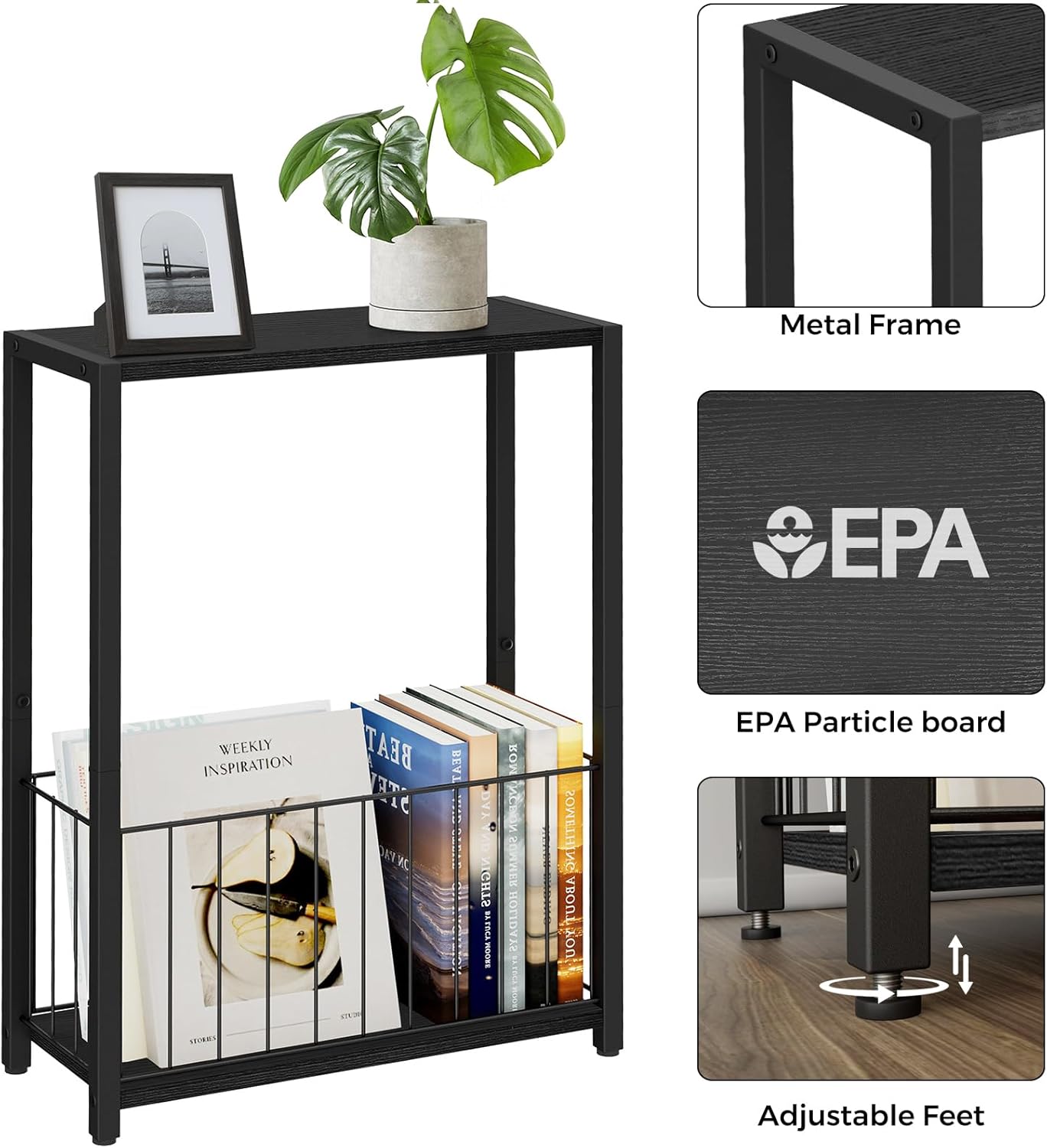 Homleke Narrow Side Table with Magazine Holder, Skinny End Table Perfect for Small Spaces, Space-Saving Design for Living Room, Bedroom, or Office, 7.1" D x 16.9" W x 23.6" H, Black