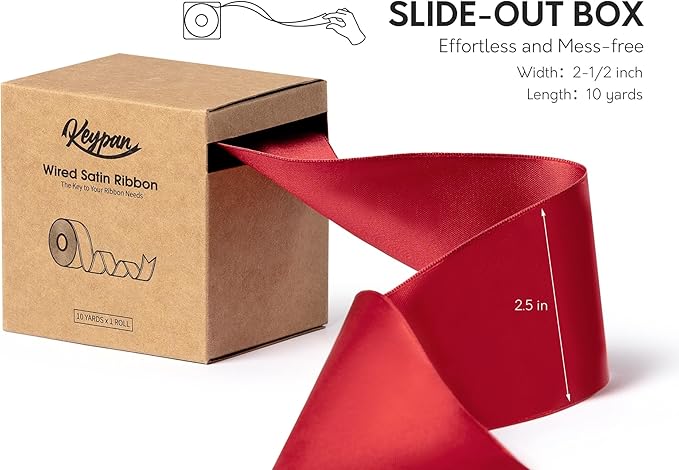 Red Satin Ribbon Double-Faced Wired Ribbons for Gift Wrapping Flower Bouquet Bows Wedding Invitation Christmas Decor Crafts 2-1/2 Inch 10 Yards