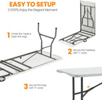 SEALAMB Portable 8FT Plastic Folding Table for Indoor & Outdoor, Heavy Duty Commercial Fold Up Table Picnic Tables Dining Table for Parties Backyard Events(White, 8FT)