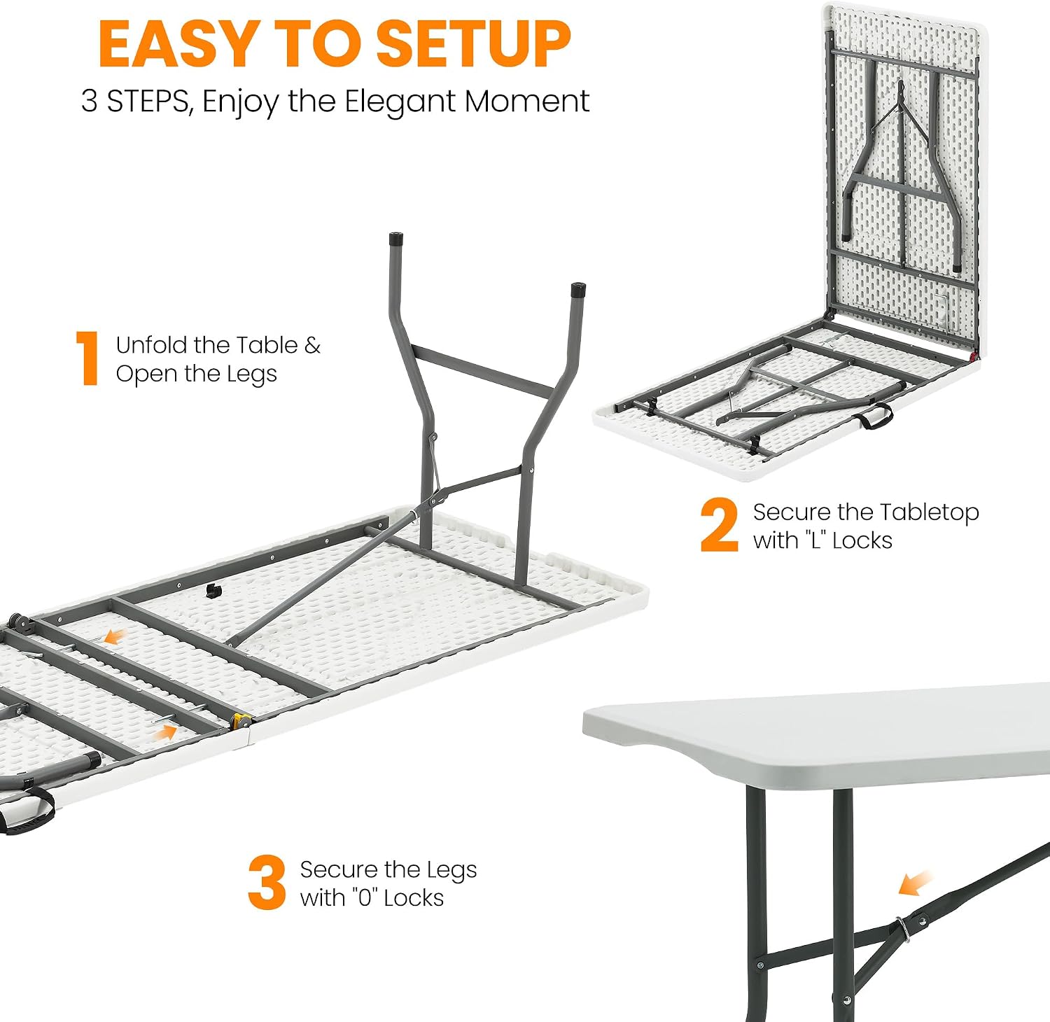 SEALAMB Portable 8FT Plastic Folding Table for Indoor & Outdoor, Heavy Duty Commercial Fold Up Table Picnic Tables Dining Table for Parties Backyard Events(White, 8FT)