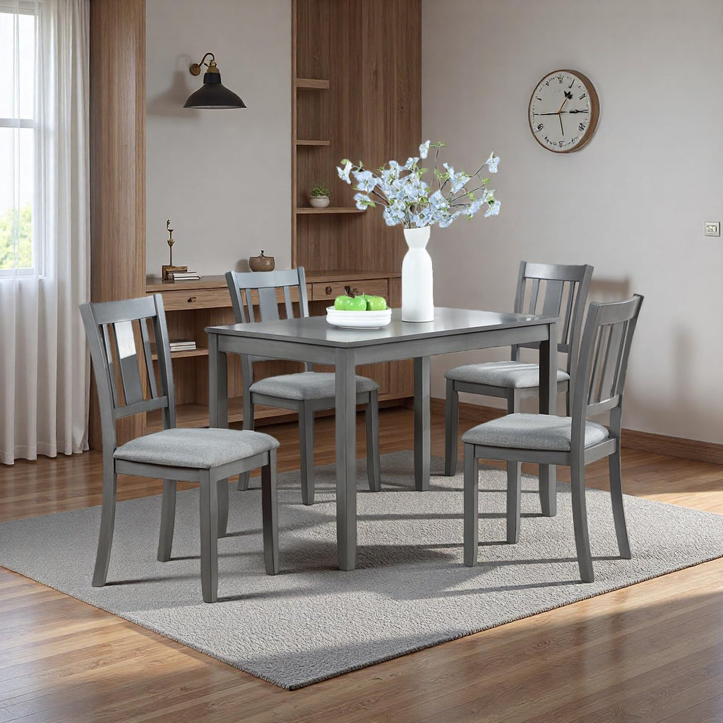 RuiSiSi 5 Piece Dining Table Set for 4, Farmhouse Kitchen Table with 4 Padded Seat Chairs, Solid Wood Dinette Set for Kitchen, Living Room, Grey