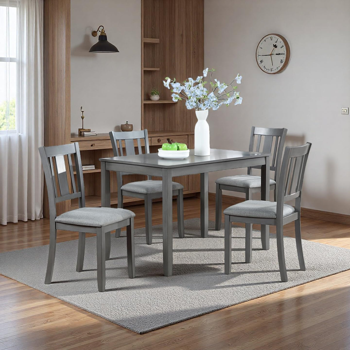 RuiSiSi 5 Piece Dining Table Set for 4, Farmhouse Kitchen Table with 4 Padded Seat Chairs, Solid Wood Dinette Set for Kitchen, Living Room, Grey