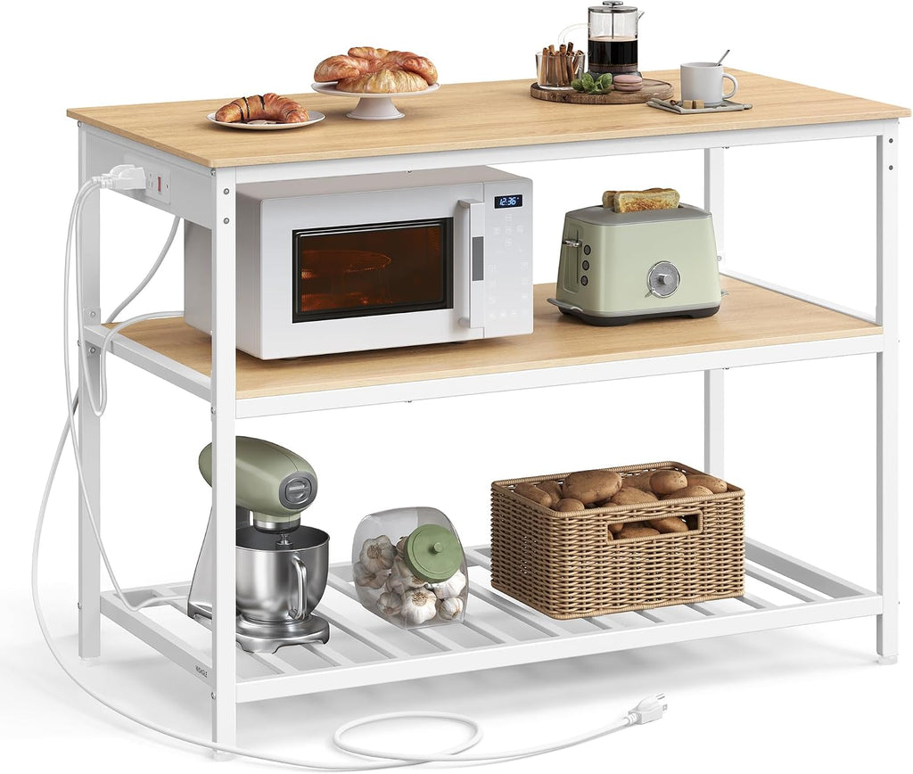 VASAGLE Kitchen Island with 3 Shelves, Storage Cabinet, Steel Structure | Kitchen Shelf with Large Wooden Worktop, 47.2 Inches Width, Golden Oak and Matte White, BARNET Collection UKKI101Y01