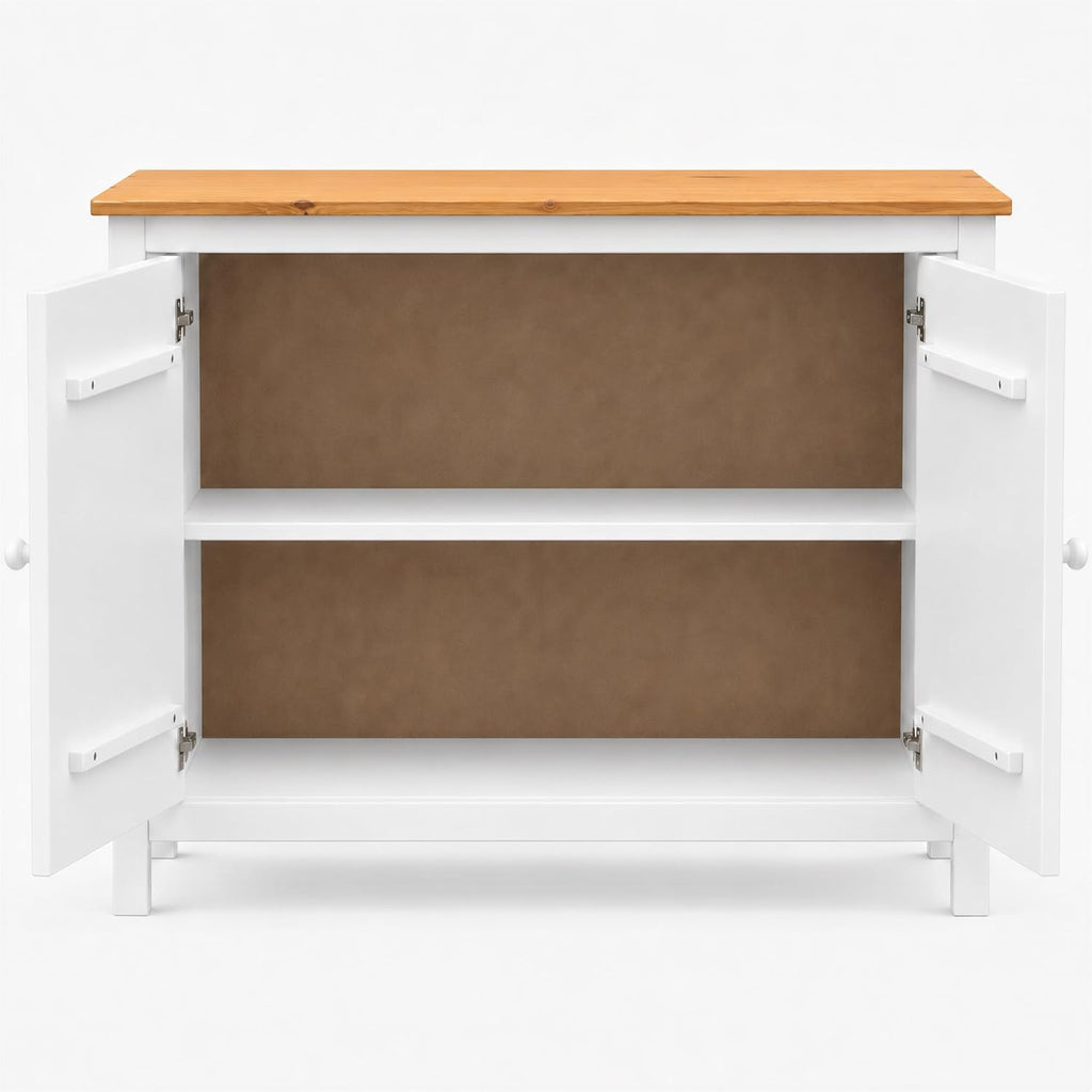 From the Tree Furniture 44" Wide White & Pine Top Solid Pine Shaker Sideboard Buffet Cabinet — 2 Doors Adjustable Shelf — No Drawer · Anti-Tip Included — Two-Tone Farmhouse Finish