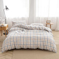 FACE TWO FACE Bedding Duvet Cover Set 3 Pieces 100% Washed Cotton Duvet Cover Linen Like Textured Breathable Durable Soft Comfy(King, Blue Grid)