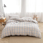 FACE TWO FACE Bedding Duvet Cover Set 3 Pieces 100% Washed Cotton Duvet Cover Linen Like Textured Breathable Durable Soft Comfy(King, Blue Grid)