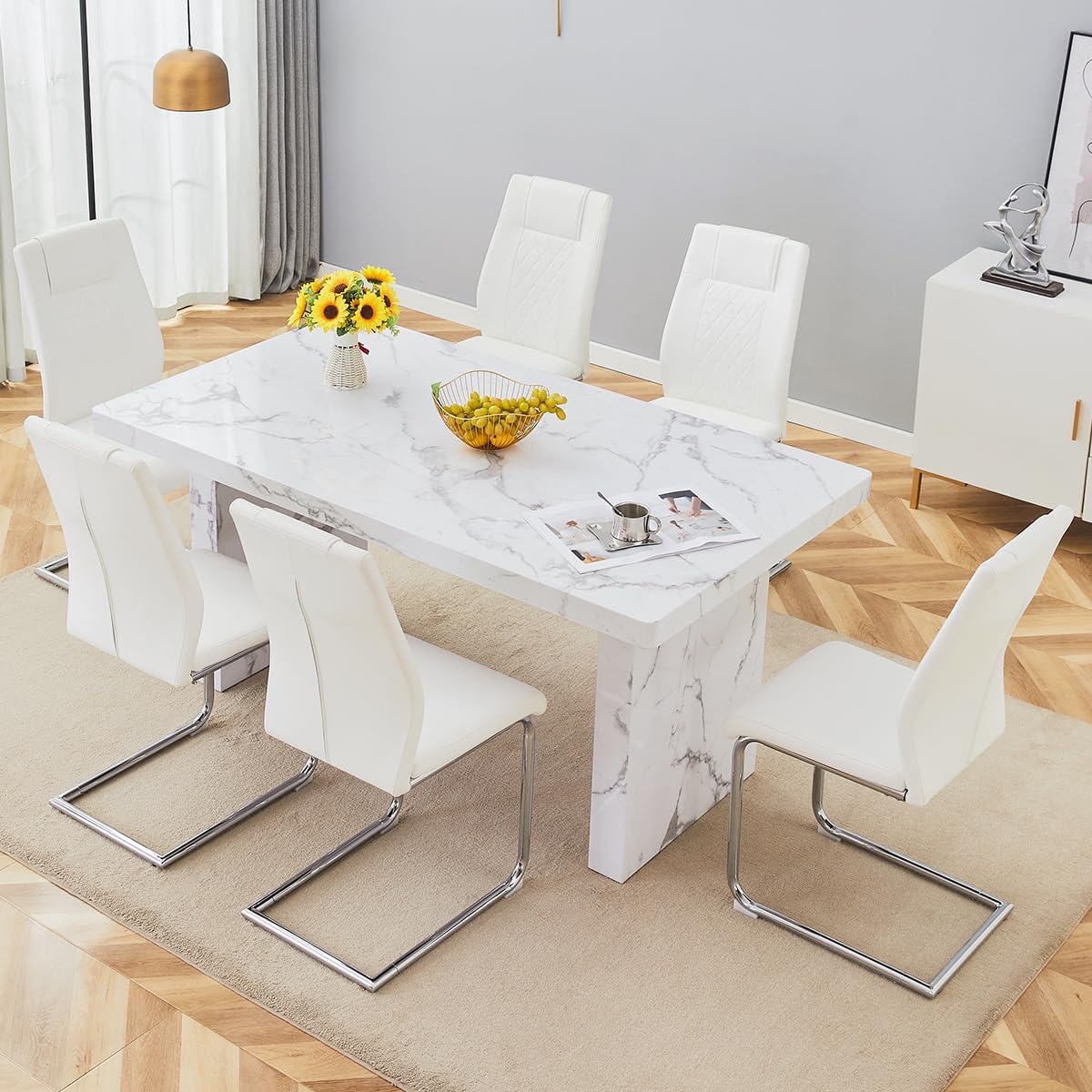 gopop 7 Piece Dining Table Set, Marble Dining Table Set for 6, 63" White Marble Pattern MDF Tabletop and Legs, 6 Leather Kitchen Chairs with Chrome Plated Metal Legs for Kitchen