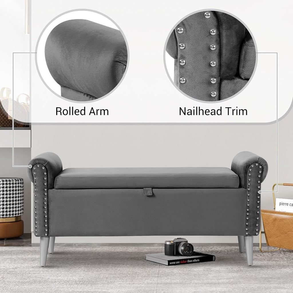 Storage Bench for Bedroom- Grey Velvet Bench with Storage 47" | Featuring Rolled Arms Decorative Nailhead Trim Safety Hinge Large Storage Space for Living Room, Entryway Pet Friendly