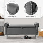 Storage Bench for Bedroom- Grey Velvet Bench with Storage 47" | Featuring Rolled Arms Decorative Nailhead Trim Safety Hinge Large Storage Space for Living Room, Entryway Pet Friendly
