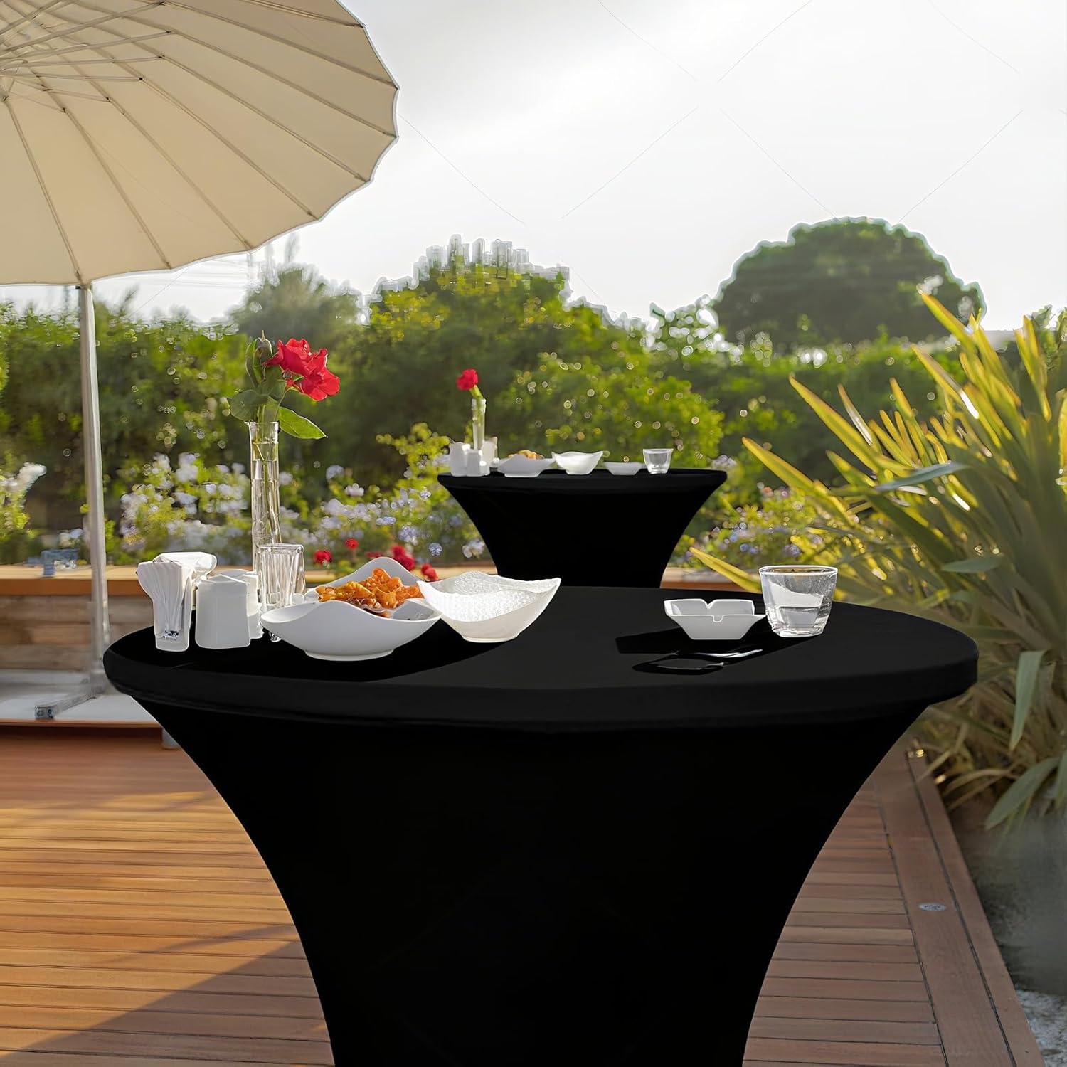2 Sets 32" High Top Round Folding Cocktail Tables White Bar Height with Removable Legs & 32"x43" Spandex Stretch Black Table Covers Hightop Table for Outdoor Indoor Wedding Parties