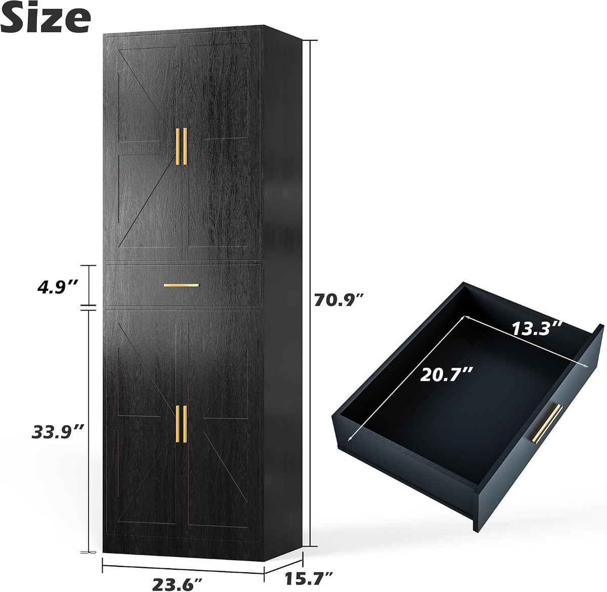 71" Tall Kitchen Pantry Storage Cabinet with 4 Doors & Drawer, Adjustable Shelves, Farmhouse Cupboard, Freestanding Cabinet with Door Shelves for Dining Room/Living Space, Black