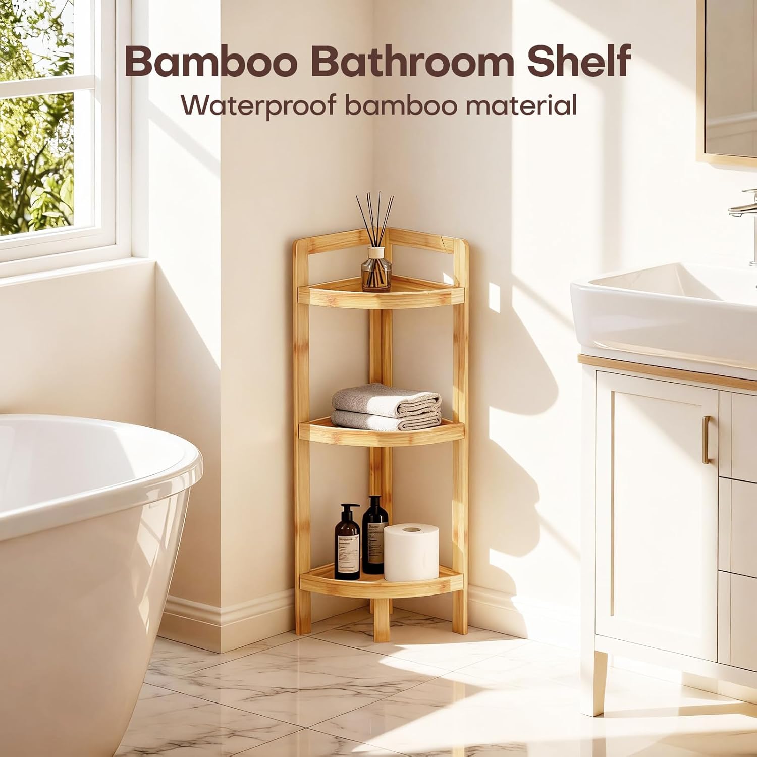 2026 New Bamboo Standing Shelf, 3 Tier Corner Shelf Stand, Free-Standing Shelf Units, Triangular Curved Corner Shelf Stand for Space-Saaving Display Ideal for Bathroom/Kitchen/Living Room Storage