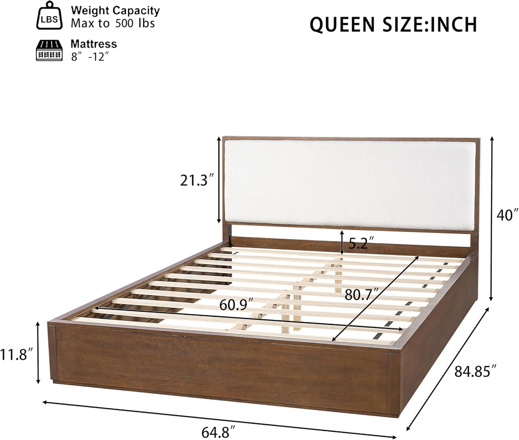 Merax Walnut Queen Size Platform Bed Frame, Modern Minimalist Wood Bed Frame with Plush Boucle Upholstered Headboard, Low Profile Modern Bed, Wood Slat Support, No Box Spring Needed
