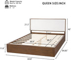 Merax Walnut Queen Size Platform Bed Frame, Modern Minimalist Wood Bed Frame with Plush Boucle Upholstered Headboard, Low Profile Modern Bed, Wood Slat Support, No Box Spring Needed