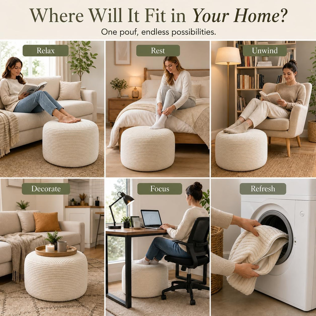 Round Pouf Ottoman Foot Rest 20 X 15 - Floor Pouf for Living Room Seating, Soft Corduroy Ottoman, Lightweight Foot Stool for Couch