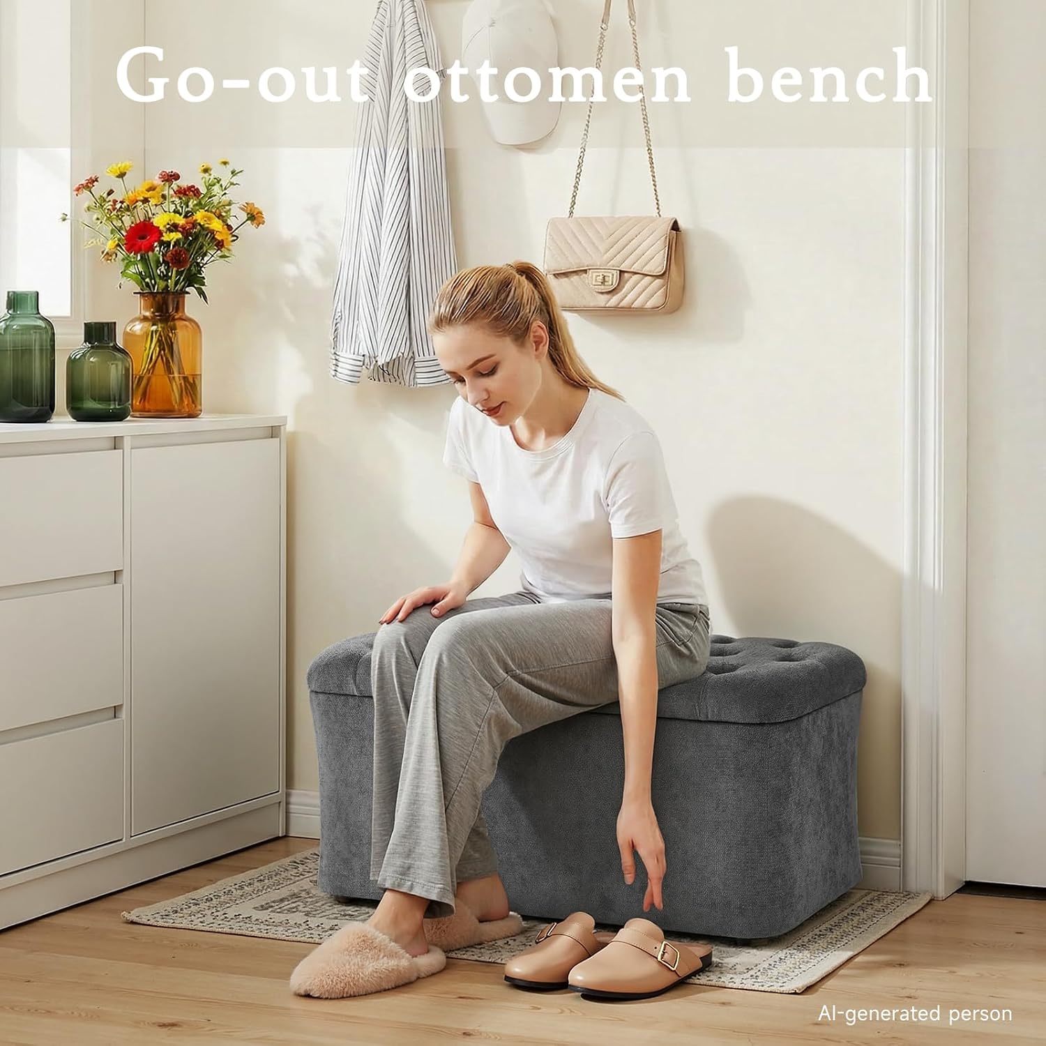 ONBRILL Storage Ottoman Bench, End of Bed Bench, 39.8 x 18.1 x 17.7 Inches Pouf Ottoman Foot Rest, Storage Benches Chest for Bedroom Entryway Living Room, Max 330 lbs, Grey