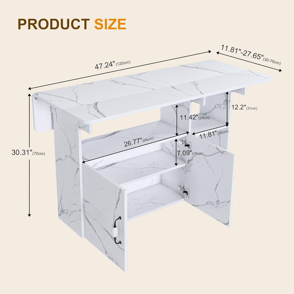 Multi-Functional Folding Dining Table Kitchen Island with Storage Shelves and Wheels, Space Saving Dining Tables Compact Desk for Dining Room, Kitchen, Dorm, Office (White)