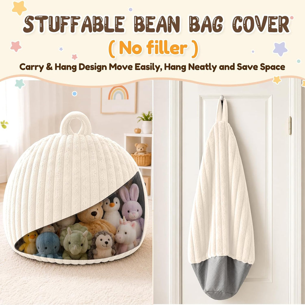Bean Bag Cover No Filler Stuffed Animal Storage Bean Bag Chair Cover | Soft Faux Rabbit Fur,Non-Slip Bottom,Durable Zipper,Fill with Plush Toys or Blankets,for Adults Teens Kids Girls,Ivory