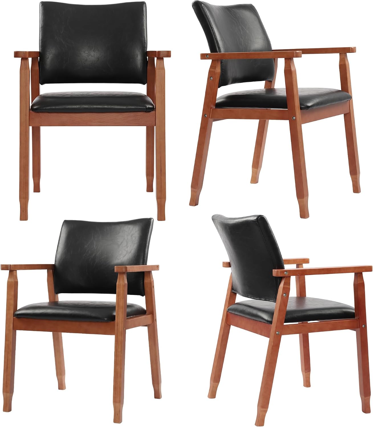 Dining Chairs with Arms Set of 4, Wood Frame Faux Leather Kitchen Chairs, Comfortable Upholstered Accent Chairs for Kitchen, Dining Room,and Living Room(Black)
