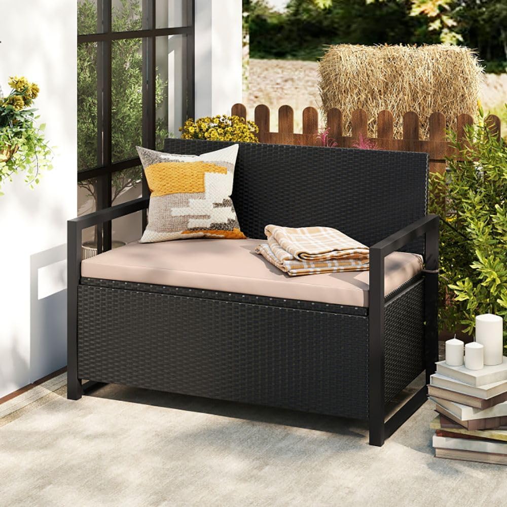 PE Rattan Outdoor Storage Loveseat Brown UV-Resistant Woven Rattan Pattern, 40-Gallon Under-Seat Storage, 800lbs Capacity for Patio