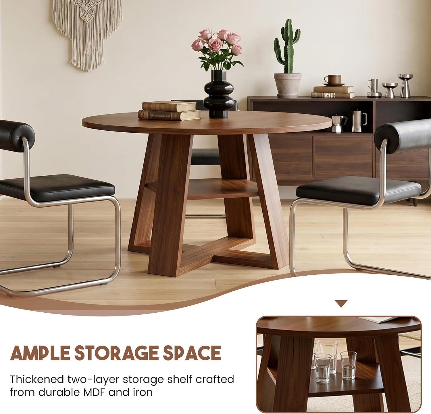 Miereirl Round Dining Table Set for 4, 43.31 Inch Round Kitchen Table and Chairs Set with Storage Shelf, Space Saving Dining Room Table Set, Modern Dining Set for Apartment, Kitchen, Dining Room