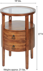 Louis Round Side Cabinet | Regal Walnut Finished Wooden Furnishing | Two Storage Drawers, Open Display Area Shelf, & Clear Glass Tabletop | Circle Wood End Table Furniture | No Assembly Is Required