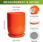 Ceramic Planter - 8 Inch Plant Pot with Drainage Hole and Saucer, Cylinder Round Modern Flower Pot for Indoor Outdoor Plants, Plant Lover Gifts, Garden Office Home Decor, Orange