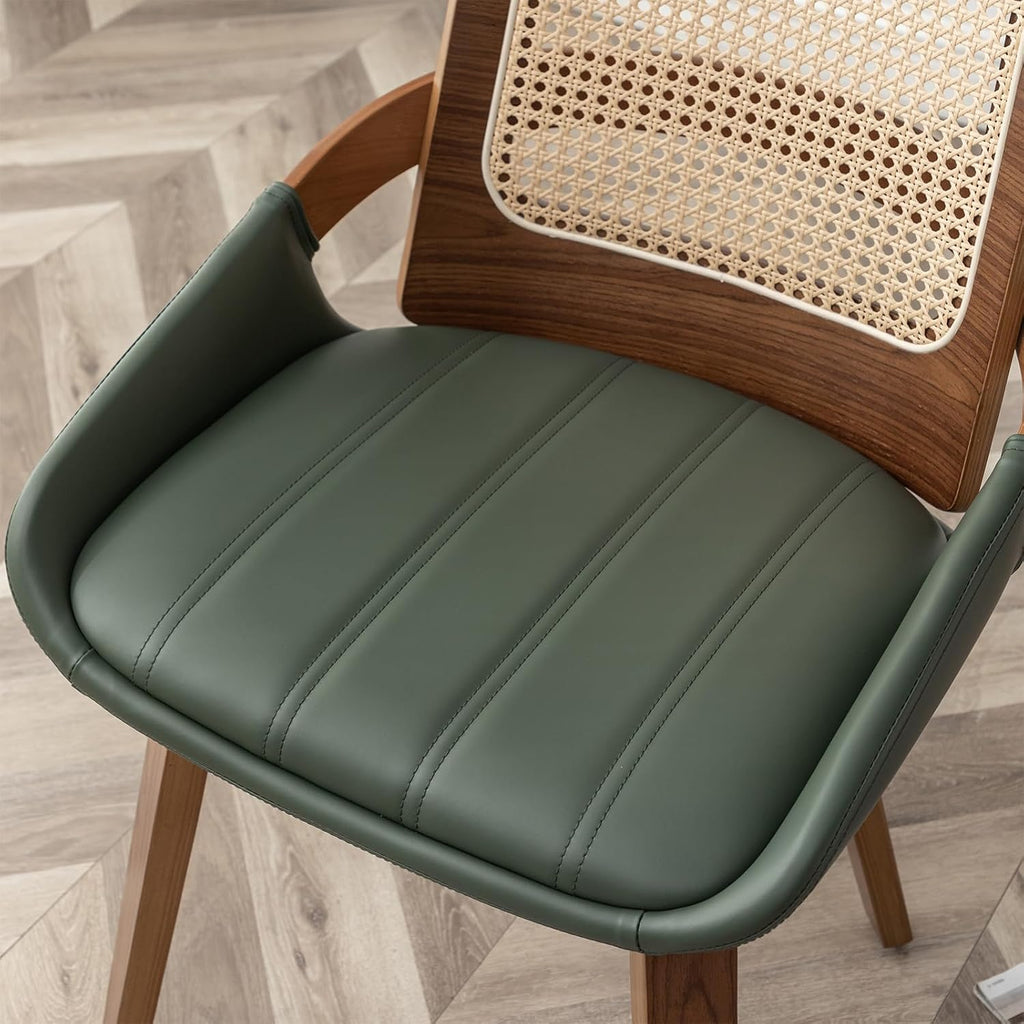 Set of 2 Kitchen & Dining Room Chairs - Green Dining Chairs with Walnut Bentwood Frame, Ergonomic Rattan Back, Curved Arms, Rattan Dining Chairs for Living Room/Reception/Kitchen/Desk (Walnut Green)