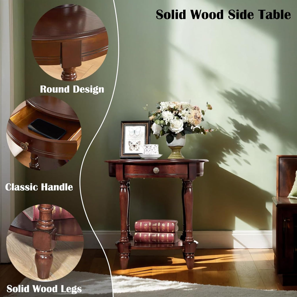 YUNMUAIR-Solid Wood End Table,Round Side Table with Drawers,Vintage Nightstand,Sofa Side Tables with Storage Shelf,Traditional Retro End Tables for Small Spaces,Living Room,Bedroom,Dark Brown