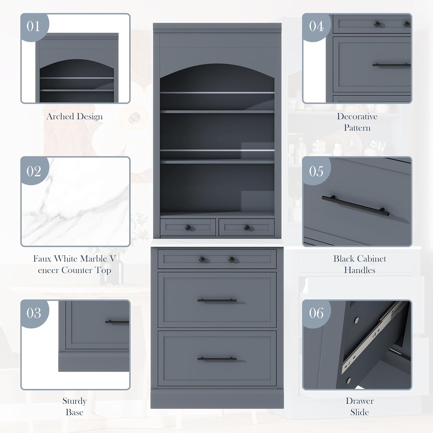 TOPMAX Modern 83.7inch High Kitchen Pantry, Freestanding Tall Kitchen Hutch with Faux Marble Top, Display Cupboard Cabinet with 5 Storage Drawers and Adjustable Shelf (Gray, 1 PCS)