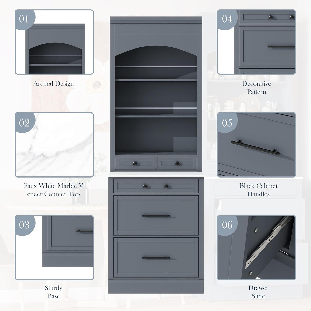 LUMISOL 83.7” Kitchen Pantry, Freestanding Tall Kitchen Hutch with Faux Marble Top, Cupboard Cabinet with 5 Drawers and Adjustable Shelf, Storage Cabinet for Kitchen Dining Room, Set of 2, Gray