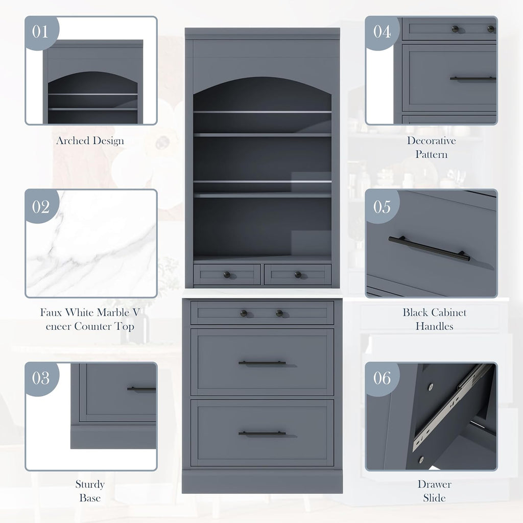 Modern 83.7inch High Kitchen Pantry Storage Cabine, Freestanding Tall Kitchen Hutch with Faux Marble Top, Display Cupboard Cabinet with 5 Storage Drawers and Adjustable Shelf, Gray