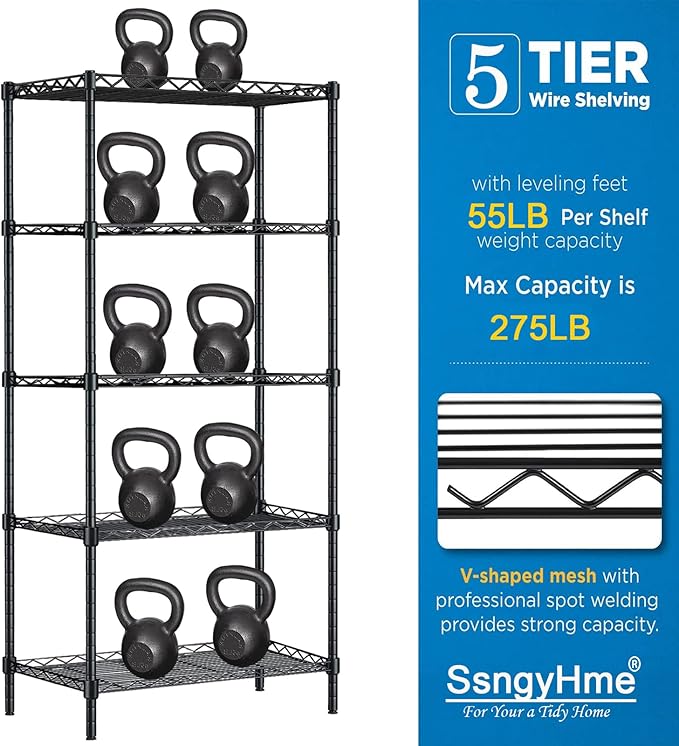 5 Tier Shelves Storage, Wire Shelf Unit, Standing Adjustable Metal Shelves Organizer, Storage Racks for Restaurant Garage Pantry Kitchen Garage23.6" x 13.8" x 59"