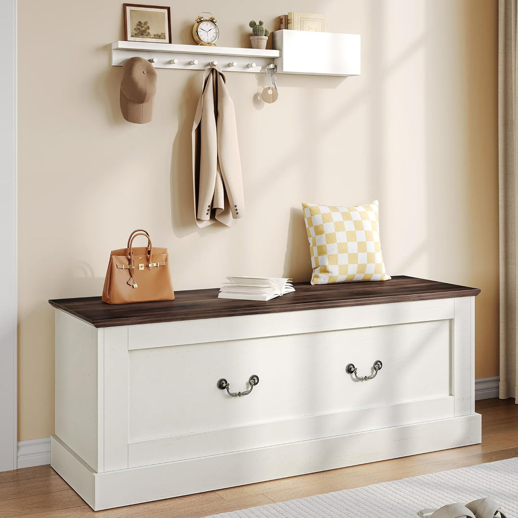 Storage Chest, 47.2" Storage Bench with 3 Safety Hinges, Entryway Bench with Lift Top, Farmhouse Style, Wooden Chest Organizer for Entryway Living Room Hallway, Off White