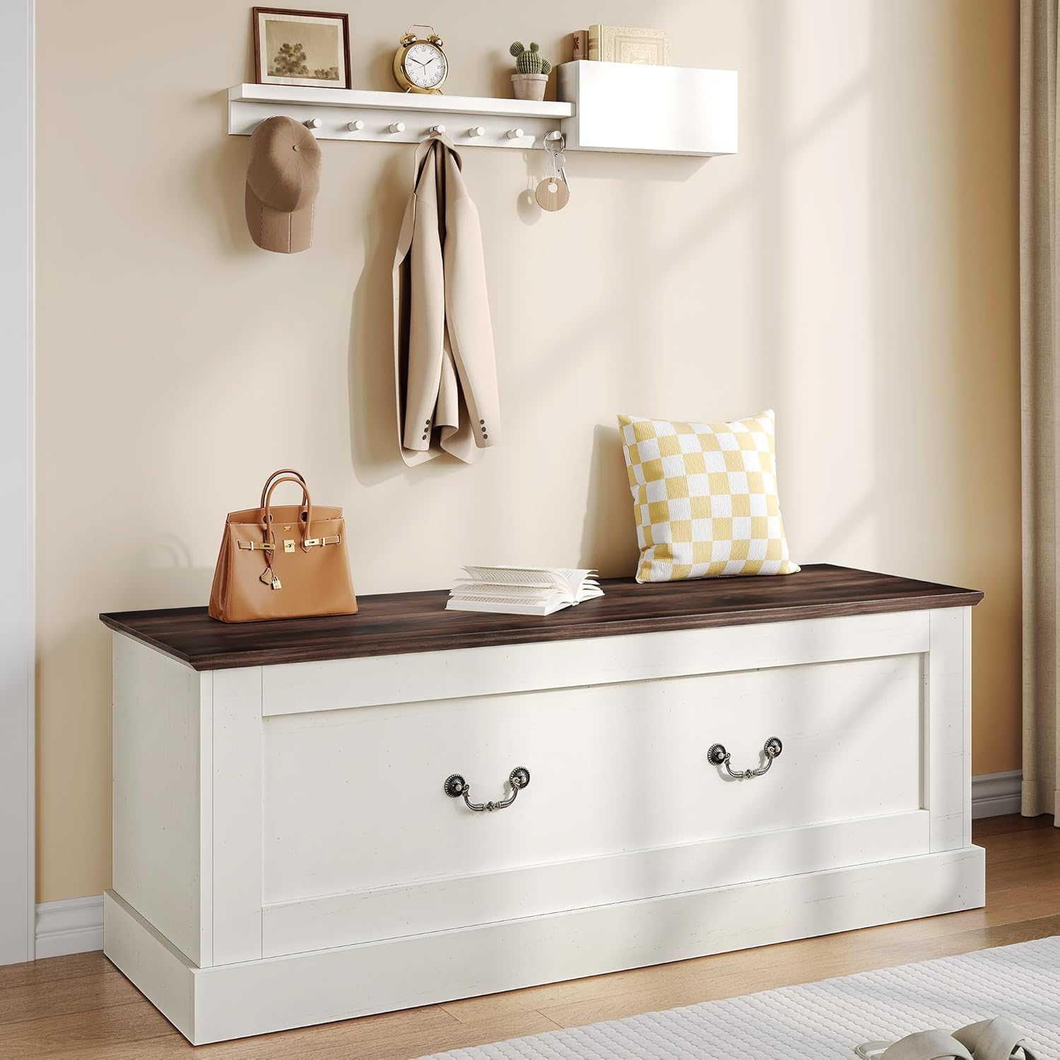 Storage Chest, 47.2" Storage Bench with 3 Safety Hinges, Entryway Bench with Lift Top, Farmhouse Style, Wooden Chest Organizer for Entryway Living Room Hallway, Off White