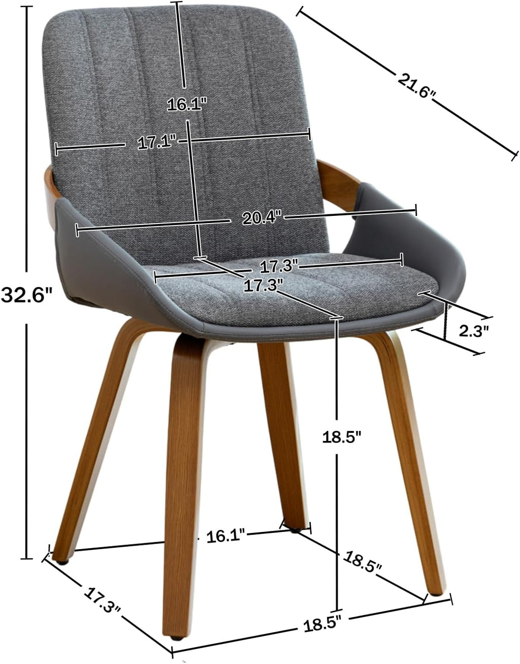 Dining Room Chairs Set of 2, Mid Century Modern Gray Fabric+Faux Leather Kitchen Chairs No Arms,Bamboo Legs Side Chairs No Wheels,Accent Chair for Dining Rooms