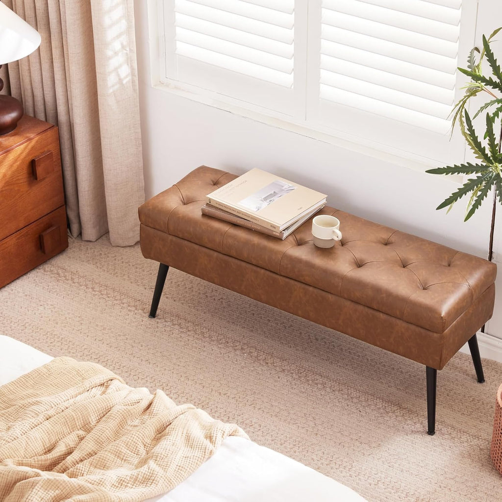 Storage Ottoman Long Upholstered Entryway Bench, 40" Cognac Brown | Large Flip-Top Entry Shoe Bench Dining Seat for Living Room Bedroom End of Bed Couch, Support 660lbs, Faux Leather